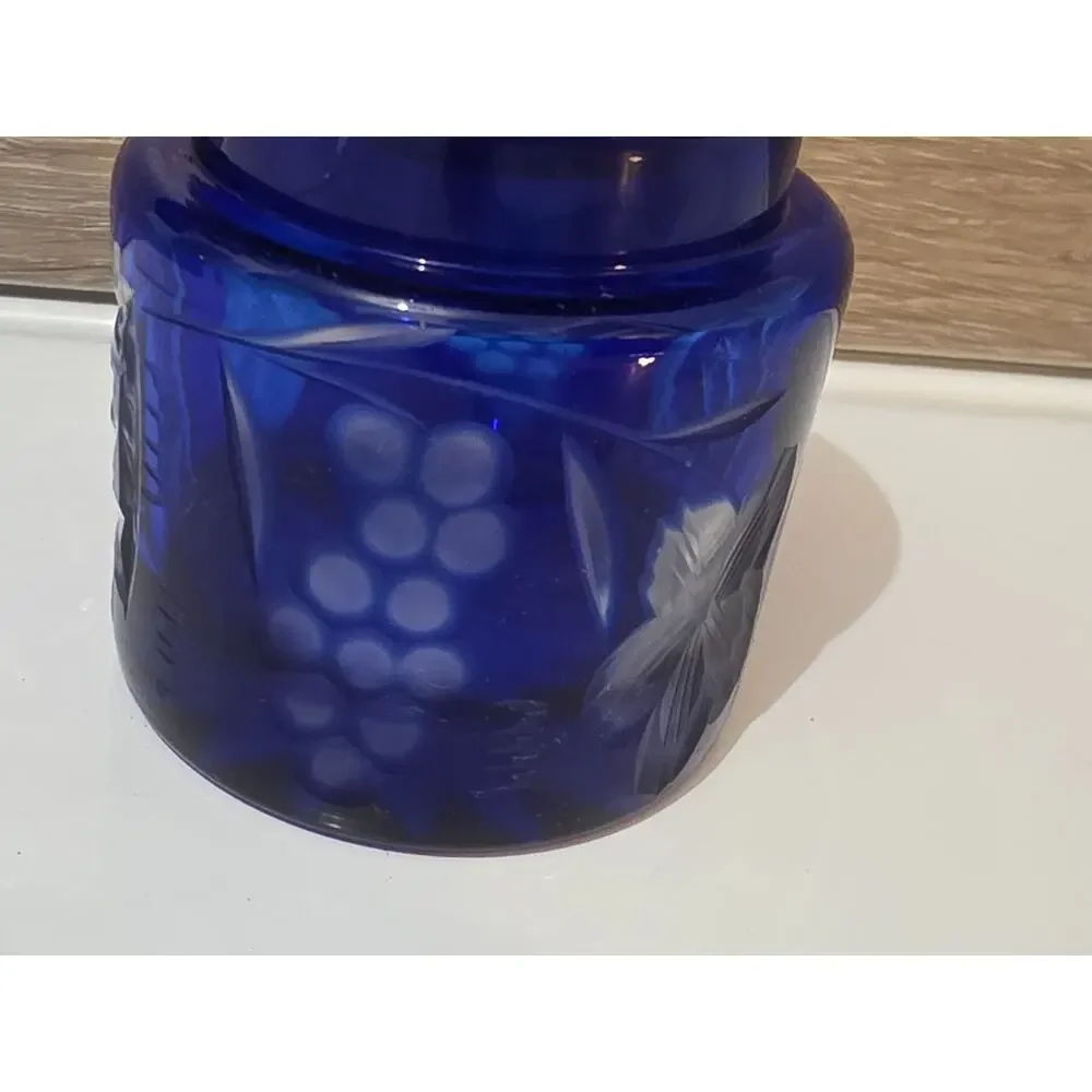 Vintage Bohemian Czech Republic Cobalt Blue Cut Jelly Jam Jar Grape And Star